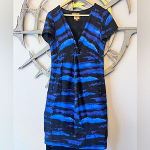 Tory Burch Kaoy Landscape 100% Silk Dress Lined Black Blue, Size 8 Beautiful